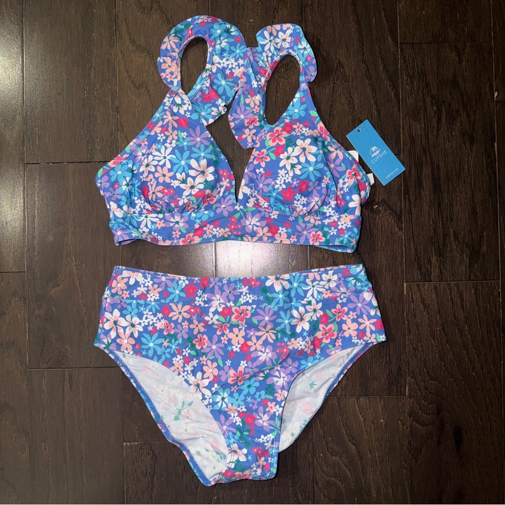 Cupshe Blue Floral High-Waist Bikini Set